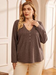 Rosumi Áo thun cổ chữ V tay dài màu trơn thiết kế đơn giản dành cho nữ cỡ lớn - màu nâu - Xem 5