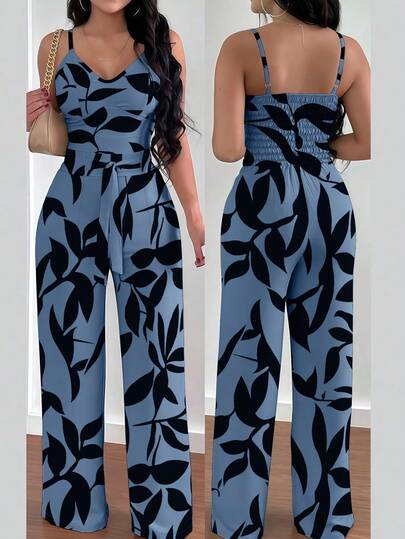 Silhoulove Floral Print Strappy Elastic Waist Tied Bow Wide Leg Women Overall Jumpsuit