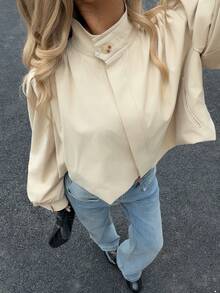 Siren Gaze Women's Pleated Shoulder Padded Button Jacket, Lantern Sleeve Short 2025 Fashion Versatile Windbreaker, Casual Retro Chic Street Style Outerwear Puff Sleeve Blouse Cream Blouse Long Sleeve Blouses Modest Blouse Lantern Sleeve Blouse - Khaki - View 8