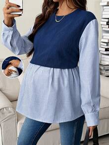 SHEIN Maternity Casual Striped Patchwork Nursing Top, Autumn