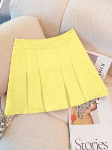 SHEIN LUNE Women's Solid Color Pleated Casual Mini Skirt - Yellow - View 4
