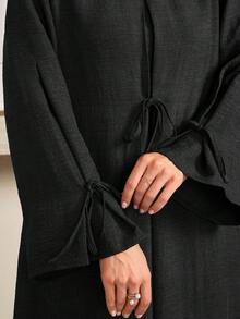 Al Najma 女士优雅宽松舒适蝴蝶结竹结亚麻长裙女装 - 黑色 - 查看 4