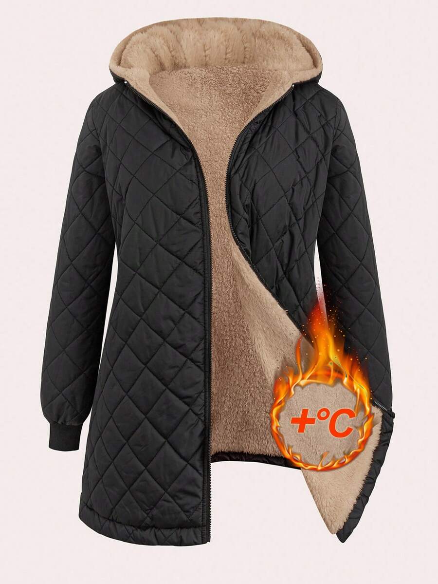 SHEIN Clasi 大码女式纯色长袖拉链休闲保暖连帽冬季外套 - 彩色 - 查看 1