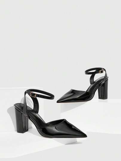 CUCCOO SZL Tacones altos de charol negro con punta afilada, tacón grueso y cierre, versátiles y elegantes