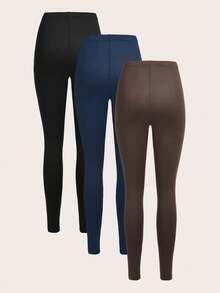 SHEIN EZwear 3 件纯色百搭修身打底裤，适合春秋季休闲外出 - 彩色 - 查看 2
