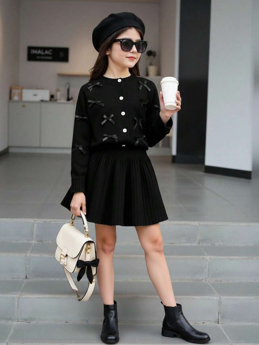 Conjunto de 2 piezas para niña preadolescente con jersey de punto con lazo elegante y falda de punto plisada, atuendo de invierno - Negro - Ver 1