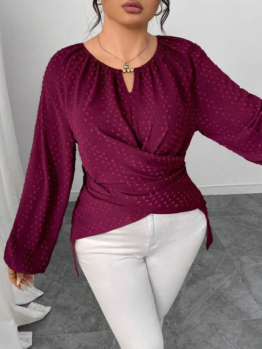 Elenzga 女士休闲圆领串珠收腰衬衫，秋冬 - 酒紅色 - 查看 1