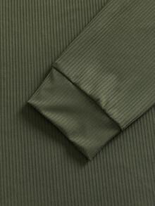 Manfinity BRENVOR 男士休闲针织哑光罗纹立领长袖T恤，夏季，秋季 - 軍綠色 - 查看 6