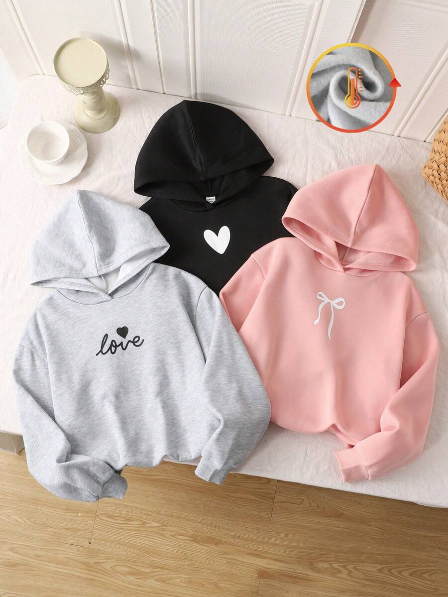 SHEIN 3件套少女印花针织保暖连帽卫衣套装 - 淺灰色 - 查看 1