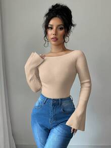 Elenzga 1 Áo len bó tay loe trễ vai cho nữ - Màu be - Xem 5