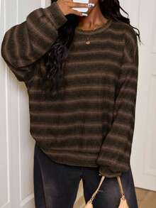 SHEIN PETITE CURVE Plus Size Plus Size Crew Neck Striped Jumper Spring Casual Y2k 90's Stripe Plus Size Airport/Winter - Coffee Brown - View 4