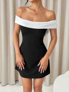 SHEIN PETITE Váy trễ vai đen trắng thắt nơ ngày lễ tình nhân, Fairycore, Tốt nghiệp, Váy tốt nghiệp cho nữ, Váy trở lại trường - Đen và trắng - Xem 4