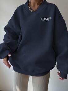 INAWLY Women's Dropped Shoulder Long Sleeve Numeric Pattern V-Neck Casual Versatile Sweatshirt - Navy Blue - View 3
