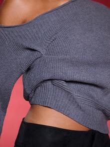 Normani Loose Fit Asymmetric Off The Shoulder Long Sleeve Ruched Rib Knit Top Classy Night Out Fall Autumn Sexy Cute Coolgirl Streetwear Dawn - Grey - View 6
