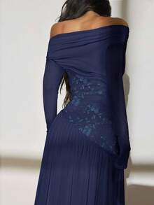 SHEIN PETITE 新款一字肩长袖撞色网纱刺绣不对称下摆拼接超长高弹修身连衣裙优雅浪漫 - 藏蓝色 - 查看 3