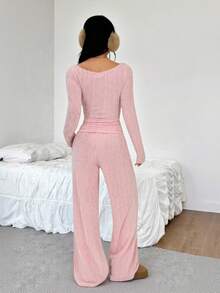 SHEIN EZwear Pink Winter Clothes Casual Sets For Women 2pcs/Set Women Casual Pink Knitted Ruffle Long Sleeve Top And Pants Set - Pink - View 8