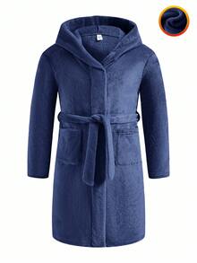 SHEIN Tween Boys' Casual Everyday Comfortable Loose Fit Turndown Collar Open Front Long Robe, Flannel Fabric Mid-Length Loungewear Boys Bathrobe Kids Bathrobe Kids Robes Boys Dark Blue Bathrobe Hooded Bathrobe Kids - Navy Blue - View 3