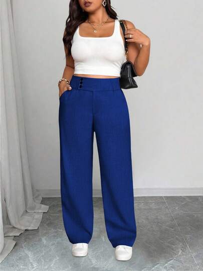 SHEIN Tall CURVE Plus Size Women Casual Straight Leg Pants With Wide Waistband