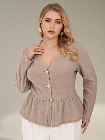 Auralis Plus Size Women's Casual Solid V-Neck T-Shirt Cardigan Sweaters For Women Tops For Women Elegant Plus Size Cardigan Peplum Tops For Women Cardigan/Faux Sweater Waist Ruffled Hem Autumn And Winter Soft And Comfortable Long-Sleeved Top Plus Size Cardigans In Women
