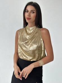 Firerie Blusa asimétrica plisada de oro elegante y de moda para uso diario, oficina, vacaciones y festivales musicales - Dorado - Ver 4