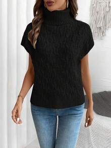 SHEIN LUNE 女士高领扭结针织蝙蝠袖短袖休闲毛衣 - 黑色 - 查看 3