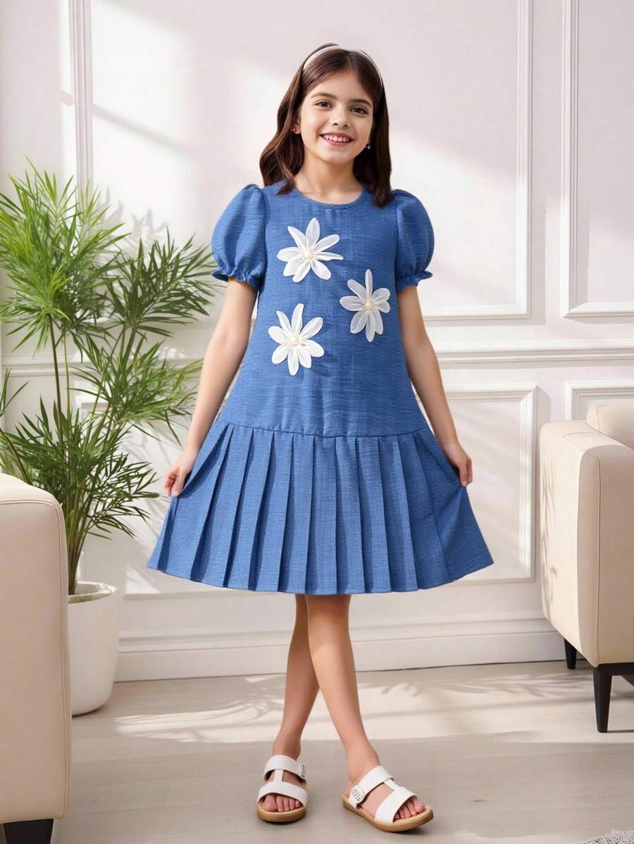 SHEIN 女童青少年牛仔效果天丝拼色褶皱连衣裙,适合度假、郊游、返校和派对穿着 - 藍色 - 查看 1