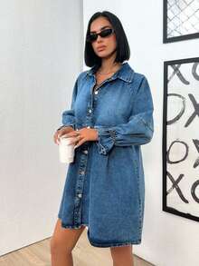 EURMUSE Fashionable Washed Front Button Denim Dress, Autumn - Blue - View 5
