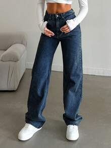 EURMUSE Quần Jeans Ống Đứng 100% Cotton Giặt Tuyết - Màu xanh bụi bặm - Xem 7