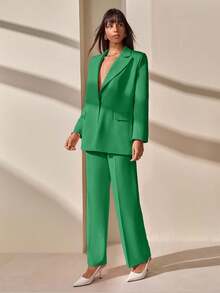 CLARA VERO Blazer With Single Button Closure And Flap Pockets, Paired With Matching High-Waist Trousers, Elegant Two Pieces Suit Set - Green - View 4