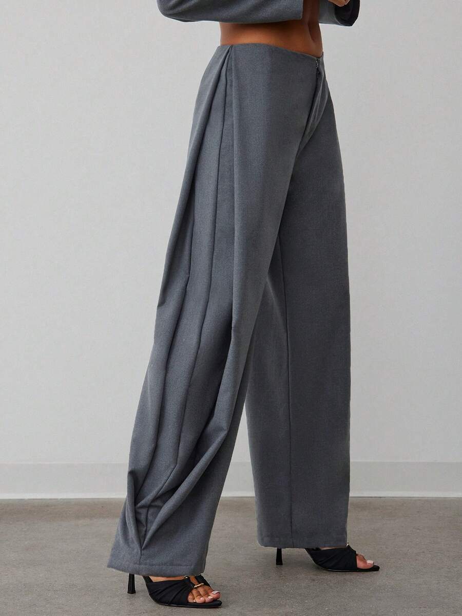 Hauture Women's Sexy Casual Office Wide Leg Side Pleated Business Trousers Pants - Grey - View 1