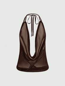 ROMWE Grunge Punk 性感深垂领露背吊带女式背心 - 咖啡棕 - 查看 3