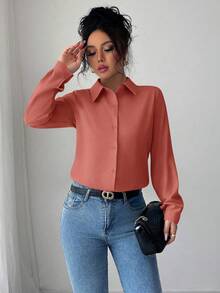 Elenzga Women's Solid Color Minimalist Long Sleeve Shirt, Casual Everyday Wear - Redwood - View 3