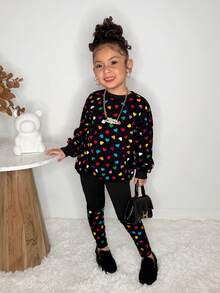 2pcs/Set Girls Loose Fit Full Print Sweatshirt + Knit Leggings, Casual Everyday Versatile Outfit - Black - View 6