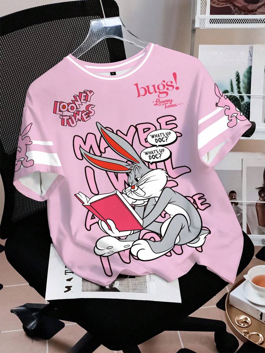 LOONEY TUNES X SHEIN 女式字母与卡通图案圆领短袖T恤 - 白色 - 查看 1