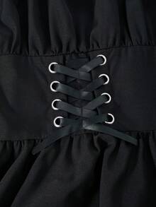 1 pezzo Abito da ragazza adolescente con spalle scoperte, spalline a spaghetti, maniche a campana in rete e orlo asimmetrico, autunnale