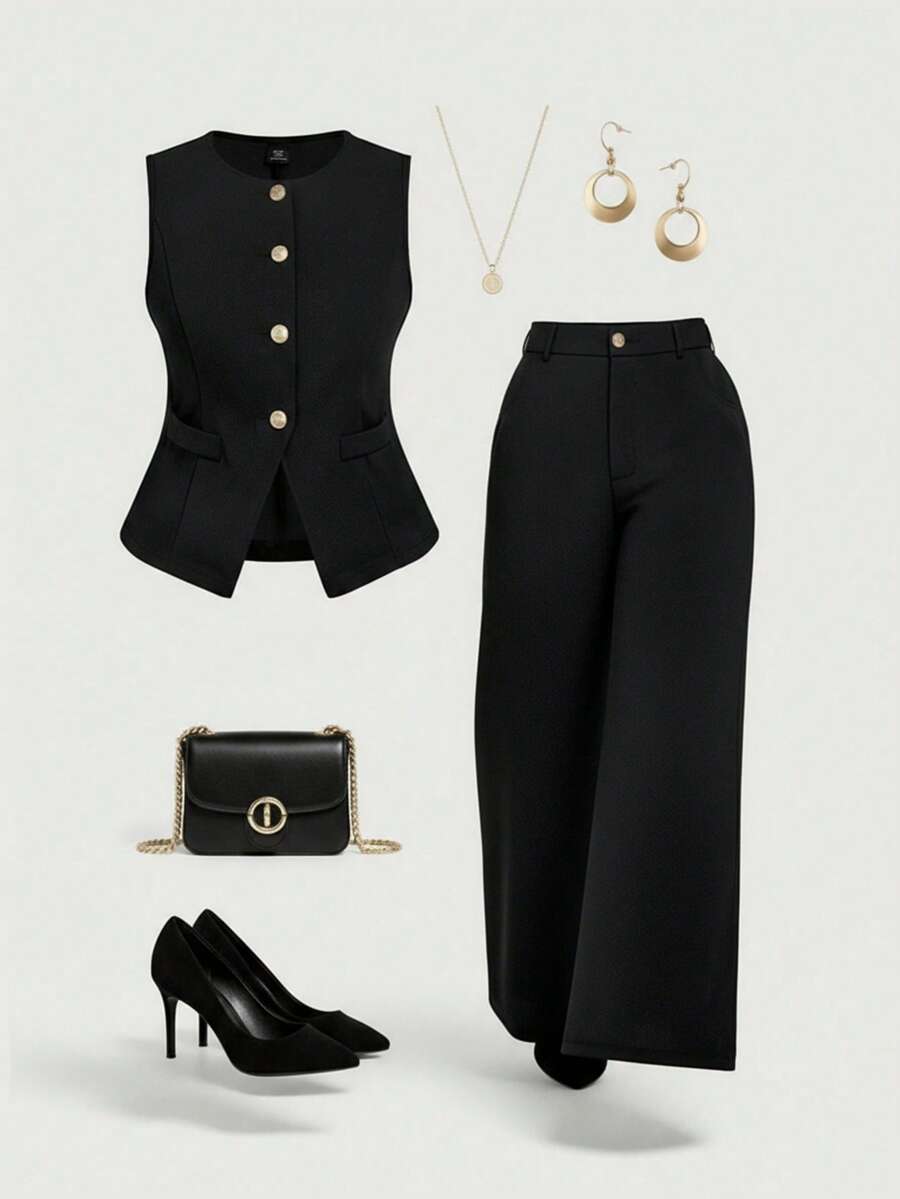 SHEIN MOD 大码女式黑色无袖上衣，收腰设计，搭配阔腿裤，适合上班穿着 - 黑色 - 查看 1