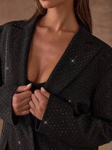 SHEIN BAE Women's Glitter Rhinestone Embellished Long Sleeve Elegant Party Blazer - Black - View 4