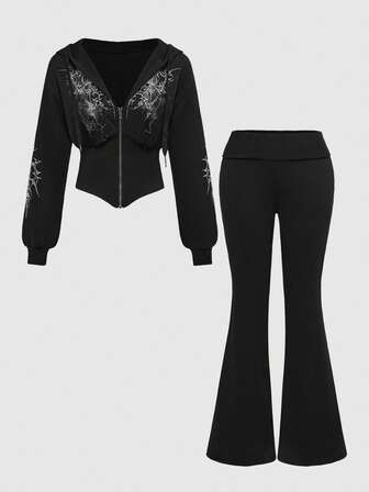 Grunge Punk Conjunto de 2 piezas de sudadera con capucha y pantalones de cintura baja con estampado de leopardo vintage ajustado de la subcultura Y2K