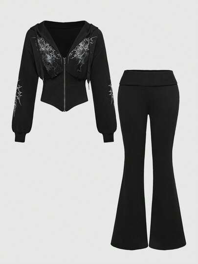 Grunge Punk Ensemble 2 pièces composé d'un Sweat-shirt à capuche ajusté imprimé léopard et d'un pantalon taille basse, style sous-culture Y2K vintage