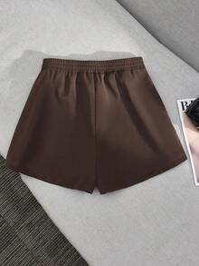 Franclia Plus Size Women PU Leather Shorts With Elastic Waist & Pockets,Elegant Chocolate Brown Summer Casual Leather Shorts,Smart Casual Vacation Shorts - Coffee Brown - View 2