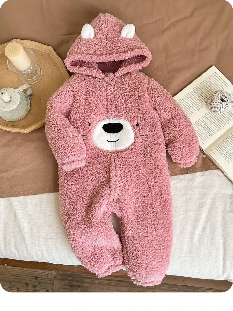 SHEIN Babygirl 蓬松粉色连帽连体裤，秋冬 - 粉色 - 查看 1