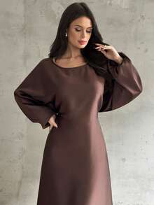Firerie Women's New Elegant Romantic Casual Urban Commute Elegant Fashion Versatile Coffee Brown Round Neck Batwing Long Sleeve Tie-Waist X-Shaped Regular Fit A-Line Dress, Teacher Outfit, Autumn Styling, Autumn/Winter Womenswear, Brown Dress - Coffee Brown - View 4