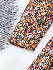 SHEIN Teen Girls' Brown Ribbed Knit Floral Patchwork Long Sleeve Vintage Casual Cute Dress, Autumn/Winter - Brown - View 6