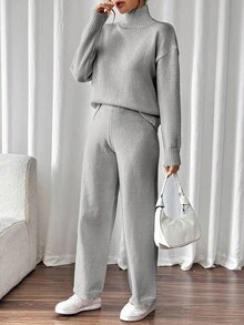 EMERY ROSE 2件套休闲纯色立领毛衣和针织裤，秋冬 - 深灰色 - 查看 5