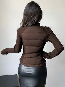 DAZY Áo khoác đệm dáng ôm, cổ đứng, vải chắp vá, tay dài, hở phía trước, thường ngày cho nữ - màu nâu - Xem 5