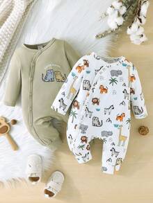 SHEIN Vintaside Kids 2件套可爱动物印花连体衣，秋季