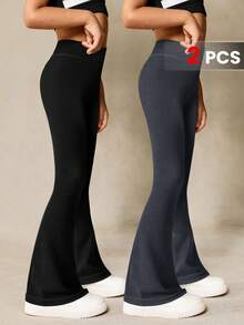 SHEIN 2pcs Set + Regular Flare Pants + Ribbed Texture + Black + Dark Grey + Sports Flare Pants + Activewear - Multicolor - View 1