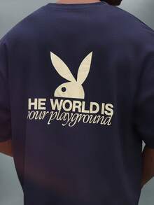 PLAYBOY X SUMWON Cropped Fit Short Sleeve Slogan T-Shirt With Logo Graphic Print - Navy Blue - View 4