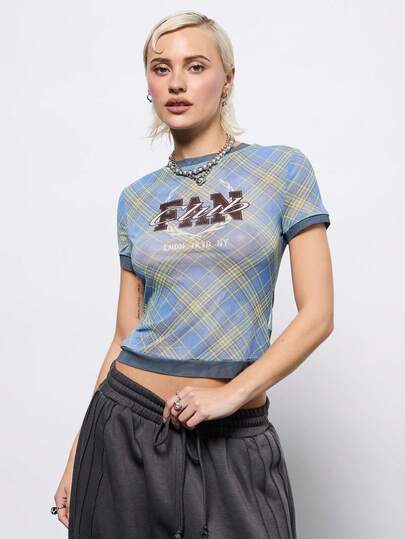 COUREZ Semi Sheer Mesh Check Top With Front Graphic /Y2K Winter Outfits Going Out Tops Graphic T-Shirt Blue Top