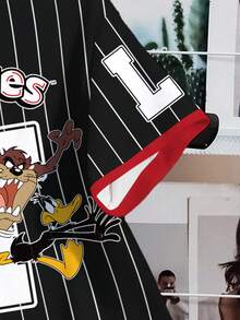 LOONEY TUNES X SHEIN 女士休闲条纹、字母和卡通动物印花圆领短袖 Ringer T 恤，夏季 - 白色 - 查看 3